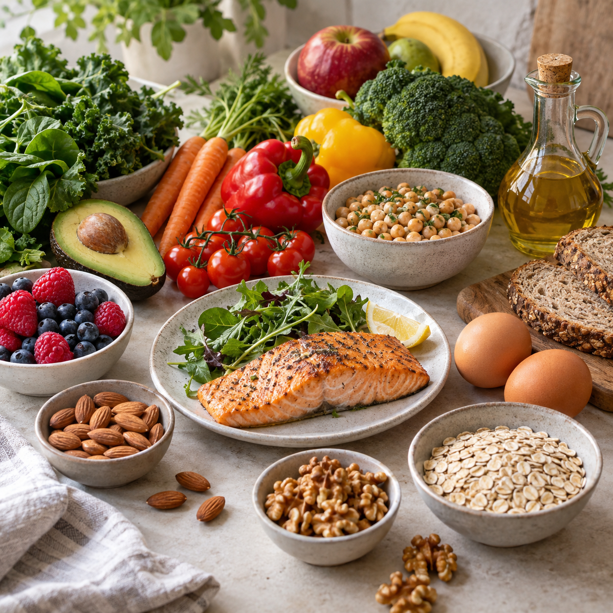 A variety of vegetables, fruit, protein foods and whole grains