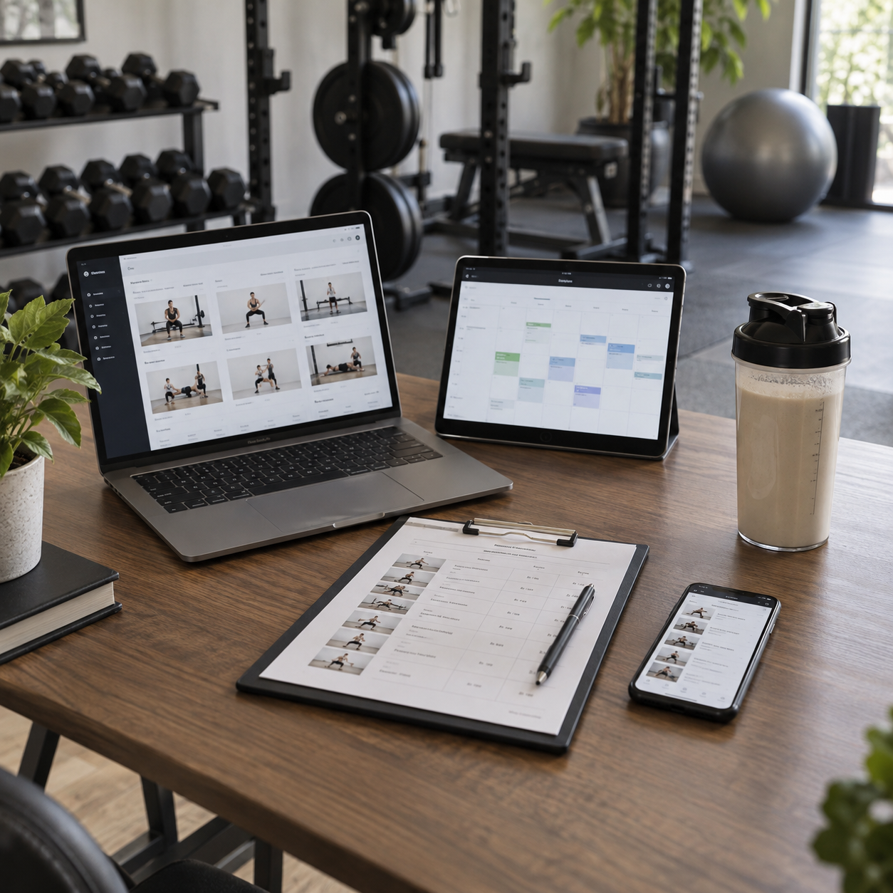 Laptop, tablet, phone, workout clipboard and protein shaker